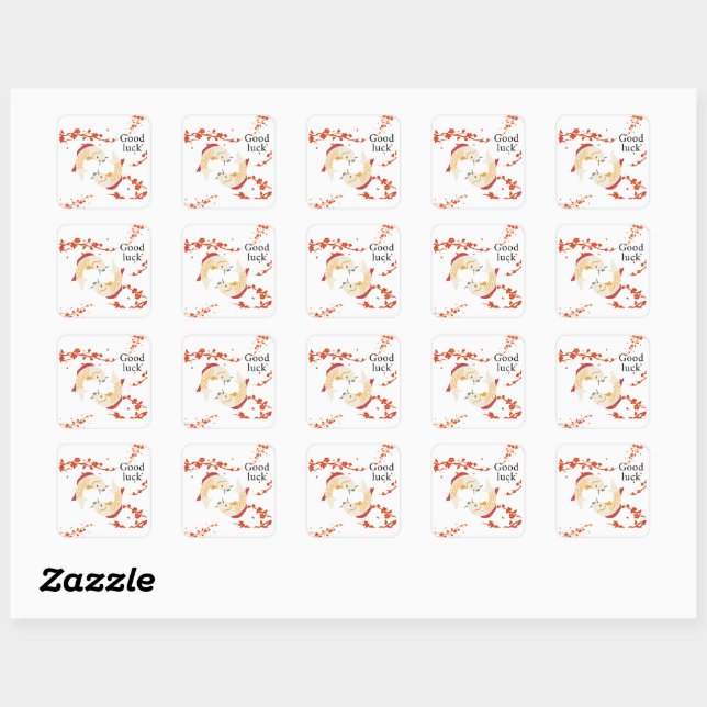 Sticker Carré Bonne chance Poisson Koi avec Sakura | Japonais él (Feuille)
