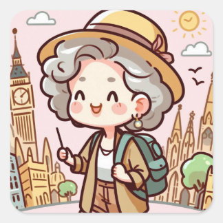Sticker Carré Bonne femme âgée voyageant dans le monde