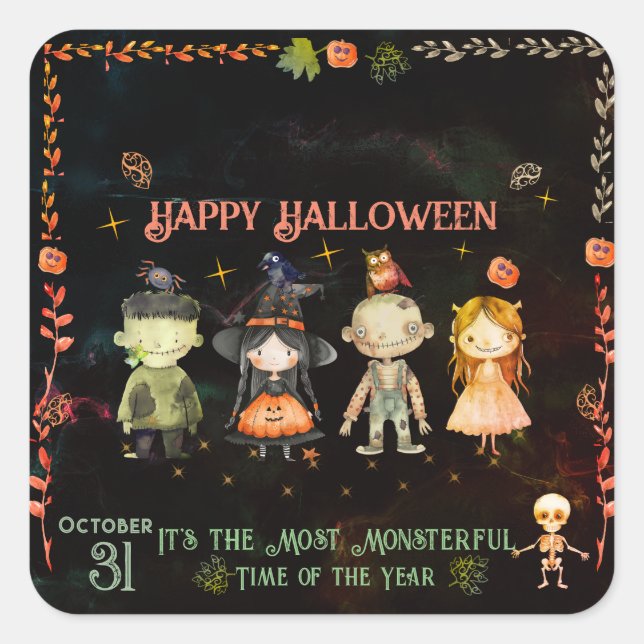 Sticker Carré Bonne fête des monstres mignons d'Halloween (Devant)