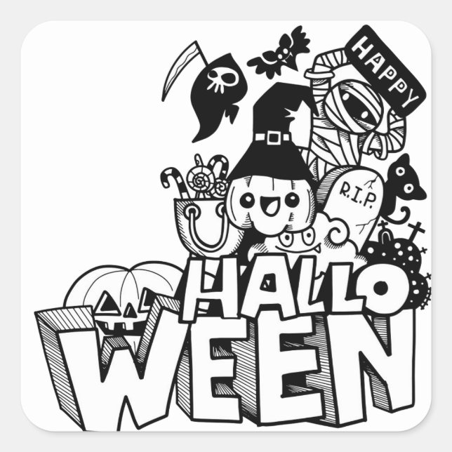 Sticker Carré Bonne Halloween mignonne Doodle Citrouille Chat ma (Devant)