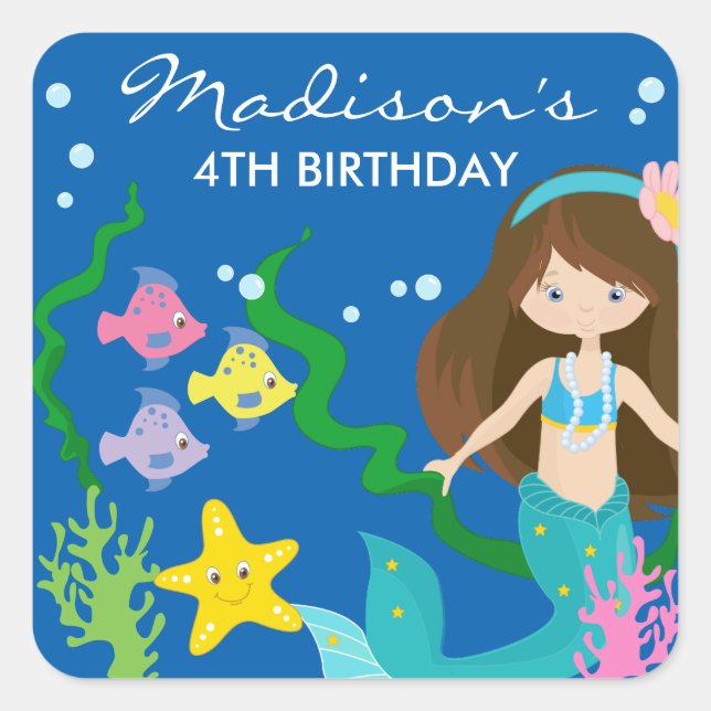 Sticker Carré Bonne sirène d'anniversaire | Sous La Mer (Devant)