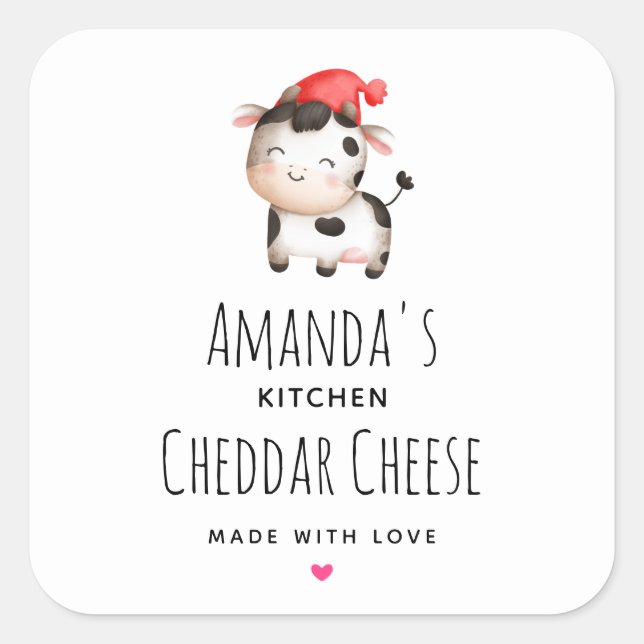 Sticker Carré Bonne vache dans un fromage Casquette rouge mignon (Devant)