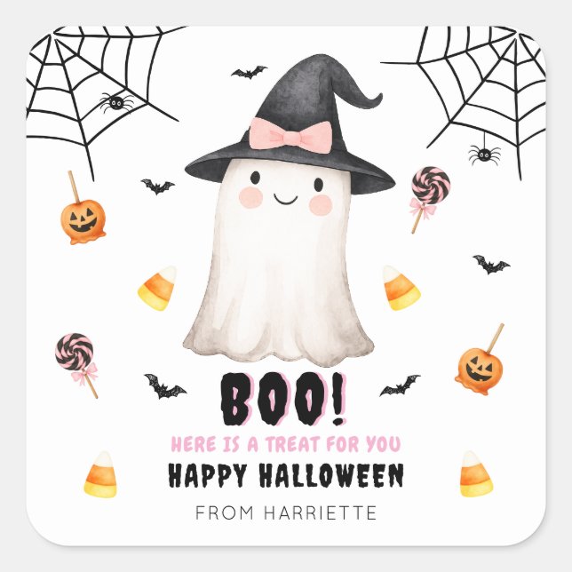 Sticker Carré Boo Joyeux Halloween Gentil Fantôme (Devant)
