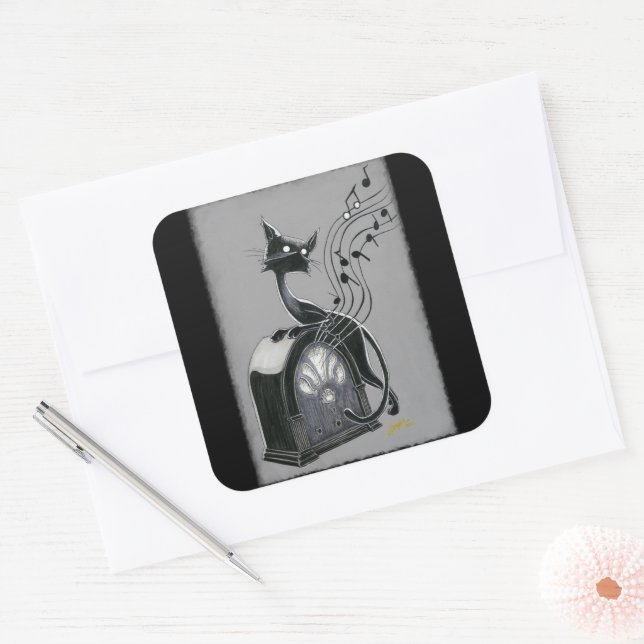 Sticker Carré Boo Kitty entend la musique (Enveloppe)