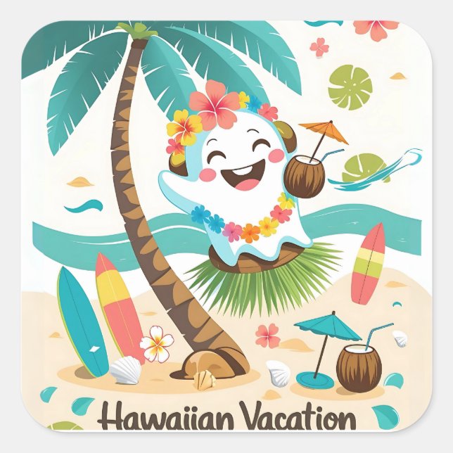 Sticker Carré Boo tropical - Kawaii Hawaiian Ghost Vacances (Devant)