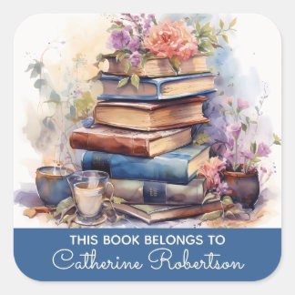 Sticker Carré Book Stack This Book belongs to Name Bookplate