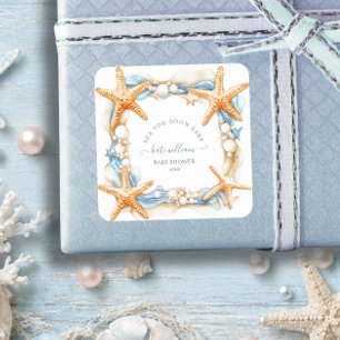 Sticker Carré Bord de mer chic mer bleue à bientôt Baby Shower