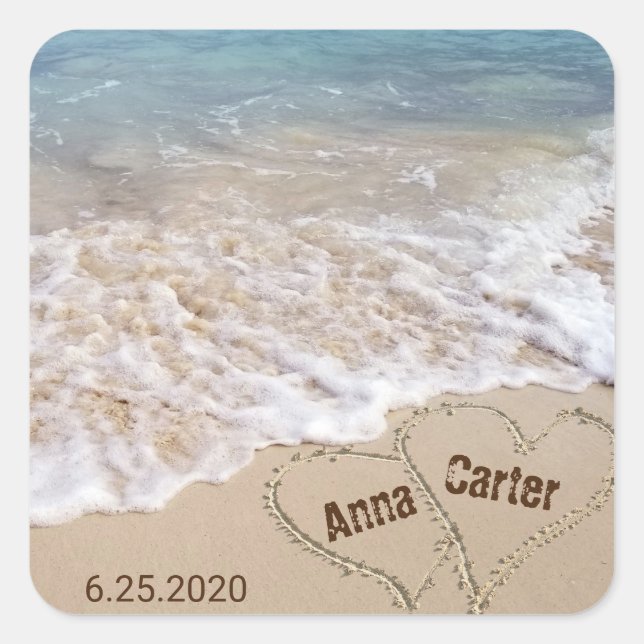 Sticker Carré Bord de mer mariage avec le coeur de plage (Devant)