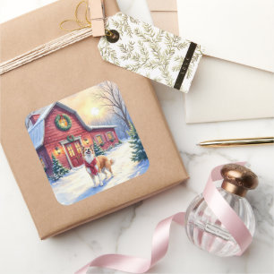 Sticker Carré Border Collie à la ferme de campagne Noël aquarell