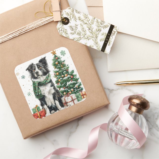 Sticker Carré Border Collie avec écharpe festive près d'un arbre (Cadeaux)