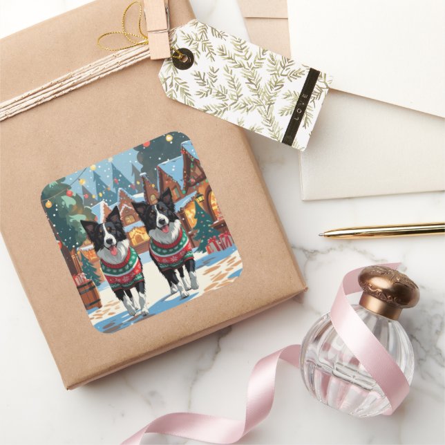 Sticker Carré Border Collie Dogs Christmas Snow Holiday (Cadeaux)