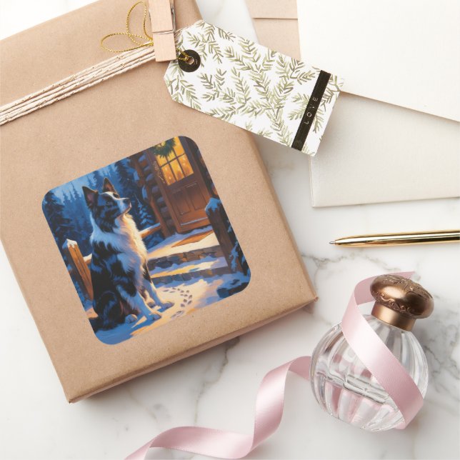 Sticker Carré Border Collie With Christmas Lights Holiday (Cadeaux)