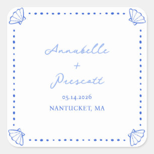 Sticker Carré Bordure Coastal Chic Shell Mariage personnalisé