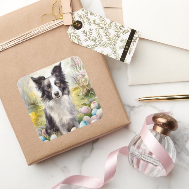 Sticker Carré Bordure Collie Chien avec Oeufs de Pâques Fête (Cadeaux)