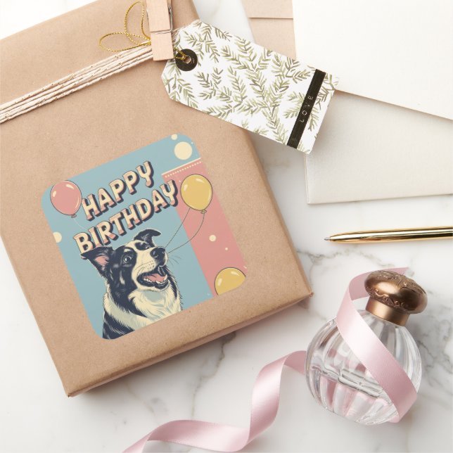 Sticker Carré Bordure Collie Chien Coloré (Cadeaux)