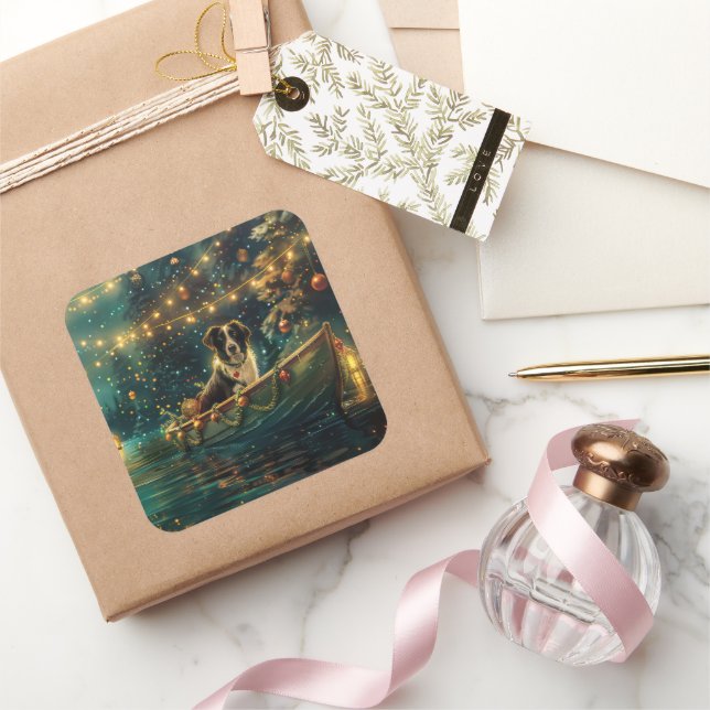 Sticker Carré Bordure Collie Noël Festive Voyage (Cadeaux)