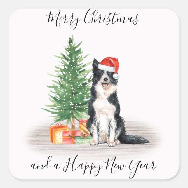 Sticker Carré Bordure Collie Père Noël Chien Joyeux Noël (Devant)