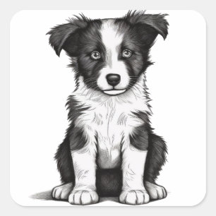 Sticker Carré Bordure Collie Sheepdog Australian Shephard Puppy