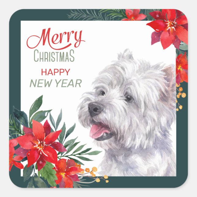 Sticker Carré Bordure de West Highland White Terrier Poinsettia (Devant)