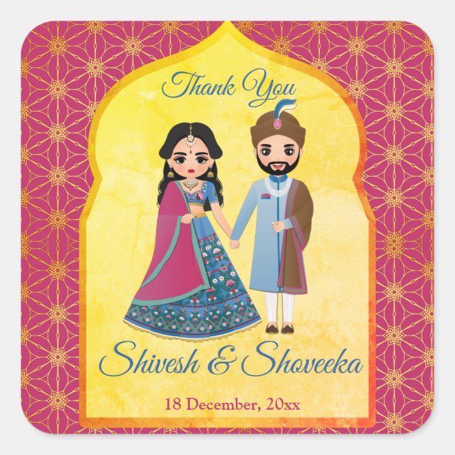 Sticker Carré Bordure design rose et or mariage indien (Devant)