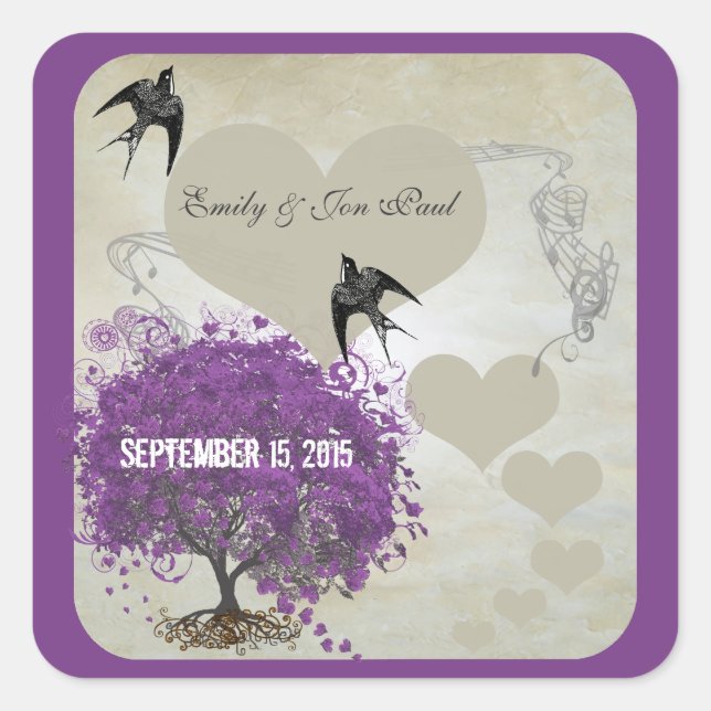 Sticker Carré Bordures violettes Mariages de l'arbre du coeur (Devant)