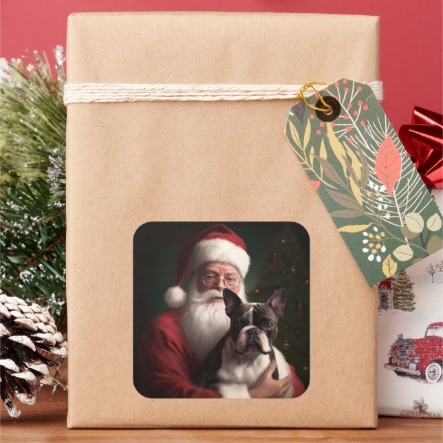 Sticker Carré Boston Terrier avec Noël Festif du Père Noël (vacances)