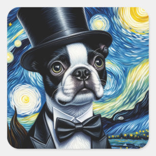 Sticker Carré Boston Terrier dans un Tophat Van Gogh
