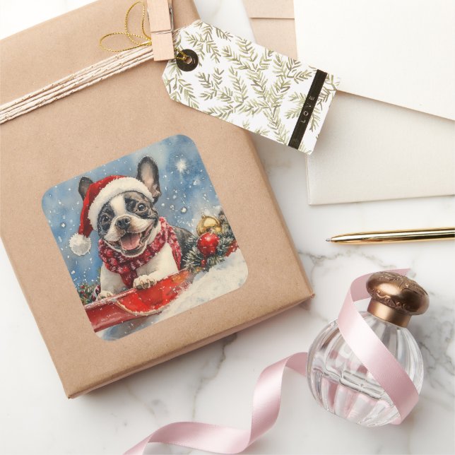 Sticker Carré Boston Terrier Dog in Sledge Let it Snow Christmas (Cadeaux)