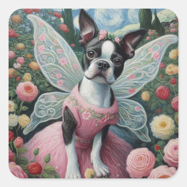 Sticker Carré Boston Terrier Fairy in the Flower Garden (Devant)