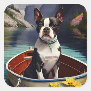 Sticker Carré Boston Terrier sur une rame : une aventure Pittore