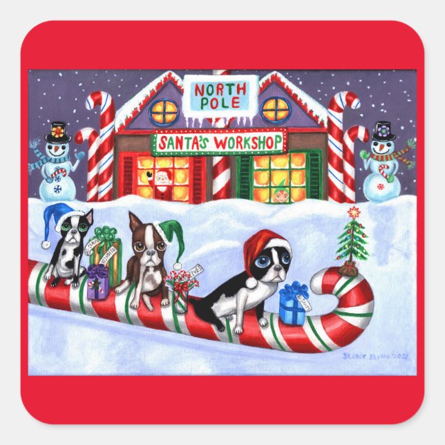 Sticker Carré Boston Terriers Sucre de canne Père Noël Christmas (Devant)