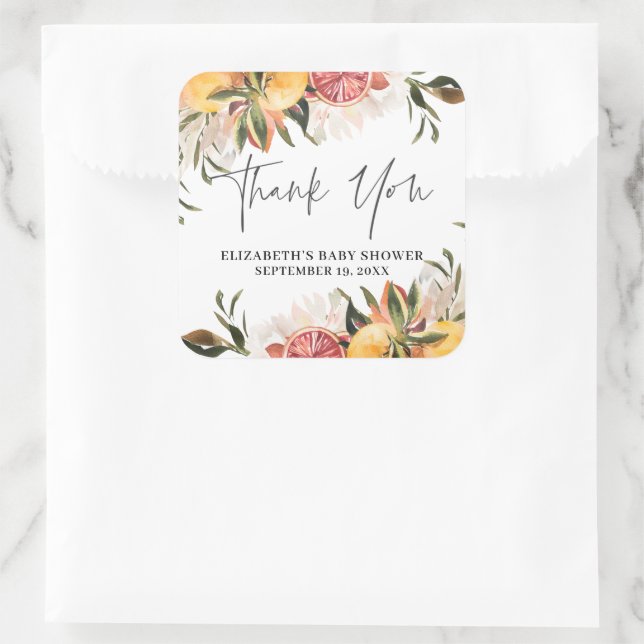 Sticker Carré Botanique d'agrumes orange | Faveur Baby shower (Sac)