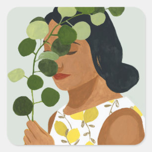 Sticker Carré Botany Portrait - Femme avec verdure