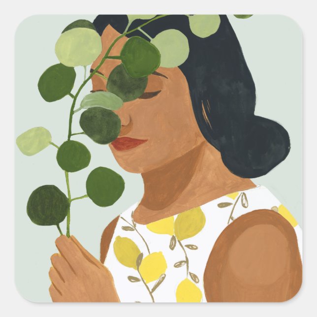 Sticker Carré Botany Portrait - Femme avec verdure (Devant)