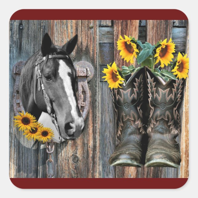Sticker Carré Bottes de cowboy Rustique Western Horse Tournesols (Devant)