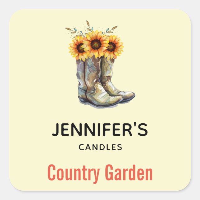 Sticker Carré Bottes rustiques Cowboy avec Sunflower Bougie Biz (Devant)