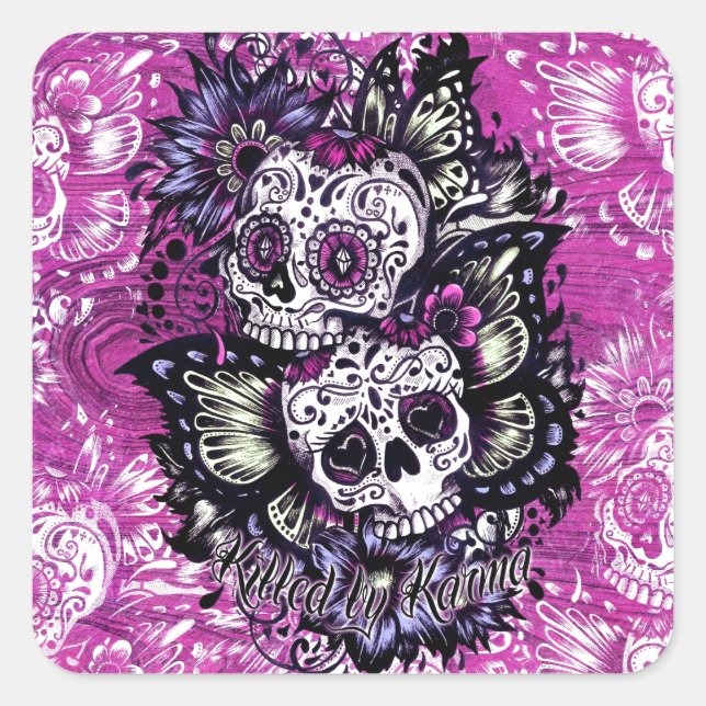 Sticker Carré Boucles de sucre papillon sur base de bois rose. (Devant)