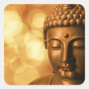 Sticker Carré Bouddha avec l'Arrière - plan Golden Bokeh