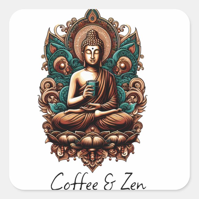Sticker Carré Bouddha serein, Café & Statue de sculpture zen (Devant)