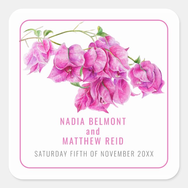 Sticker Carré Bougainvillea rose aquarelle mariage faveur (Devant)