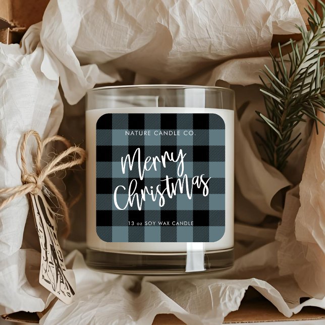 Sticker Carré Bougie de Noël Joyeuse Plaid Buffalo Bleu (Créateur téléchargé)