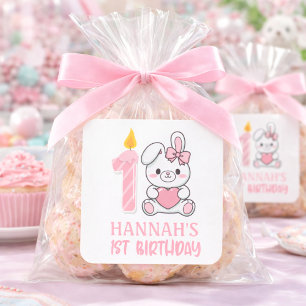 Sticker Carré Bougie Lapin Rose Anniversaire Fille Un An