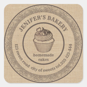 Sticker Carré Boulangerie en lin vintage Boulangerie en cupcakes