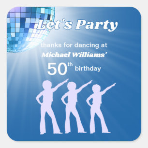 Sticker Carré Boule de Disco Groovy Bleu 50e Anniversaire