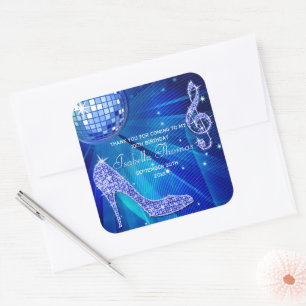 Sticker Carré Boule Disco Bleu Talons Étincelles Anniversaire Me