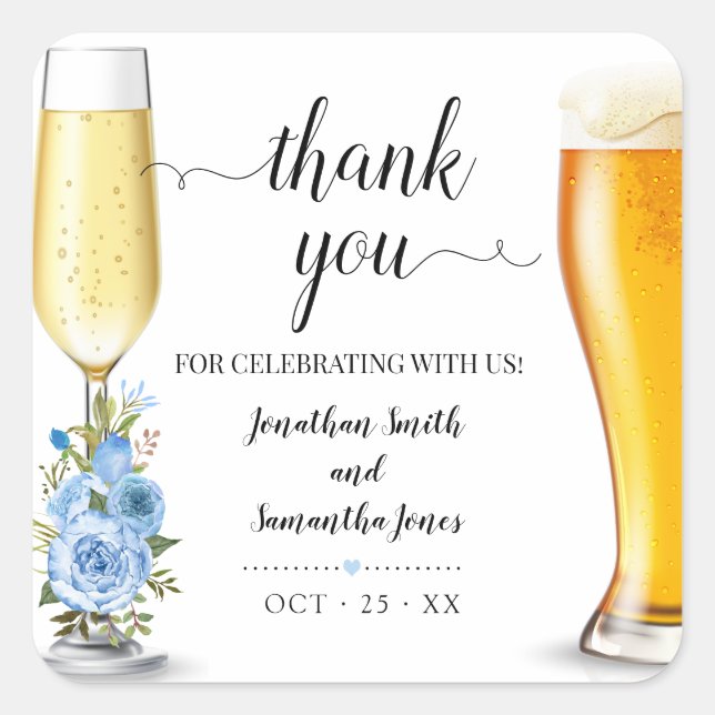 Sticker Carré Boules chic de bouho bleu et brasse Merci mariage (Devant)