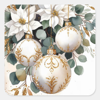 Sticker Carré Boules de Noël élégantes blanc et or aquarelle