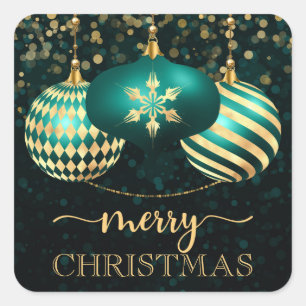 Sticker Carré Boules de Noël élégantes sarcelle et or Joyeux Noë
