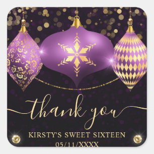 Sticker Carré Boules de Noël Violet et Or Sweet Sixteen