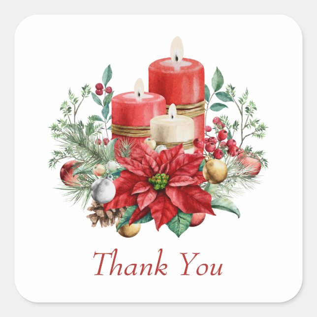 Sticker Carré Bouquet de bougies et Poinsettia Merci de Noël (Devant)